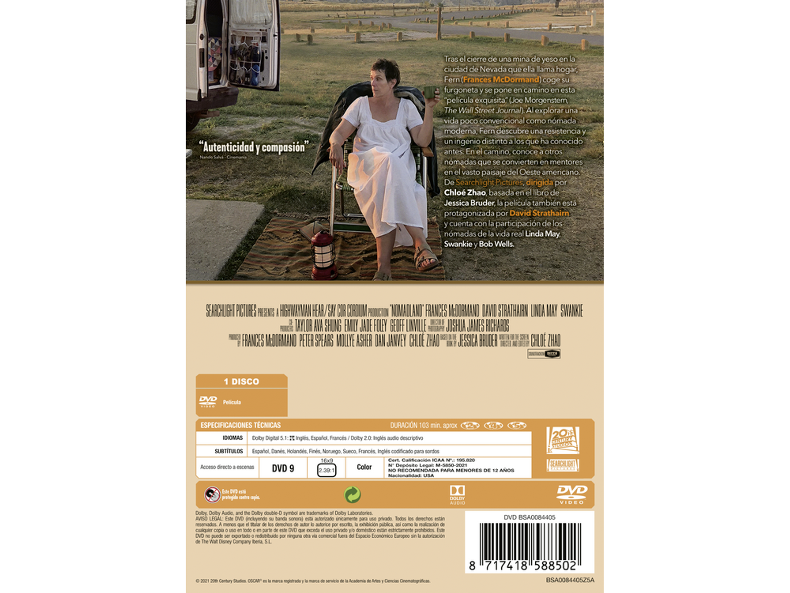 Funda de DVD de una película con una mujer con vestido blanco en la parte trasera. Texto en español.