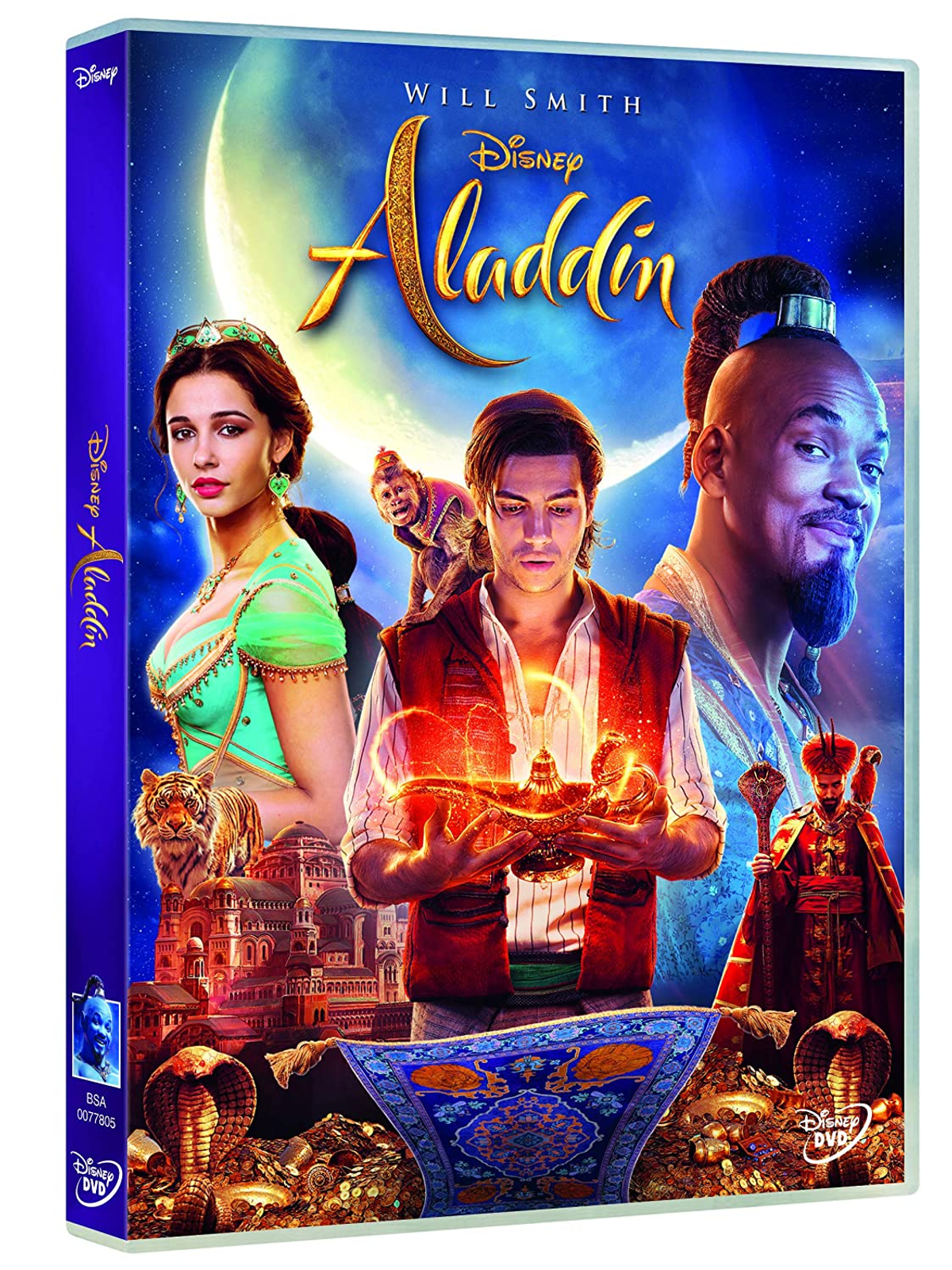 Portada de DVD de Aladdin con Will Smith, Aladdin y Jasmine en un entorno de fantasía con un palacio.
