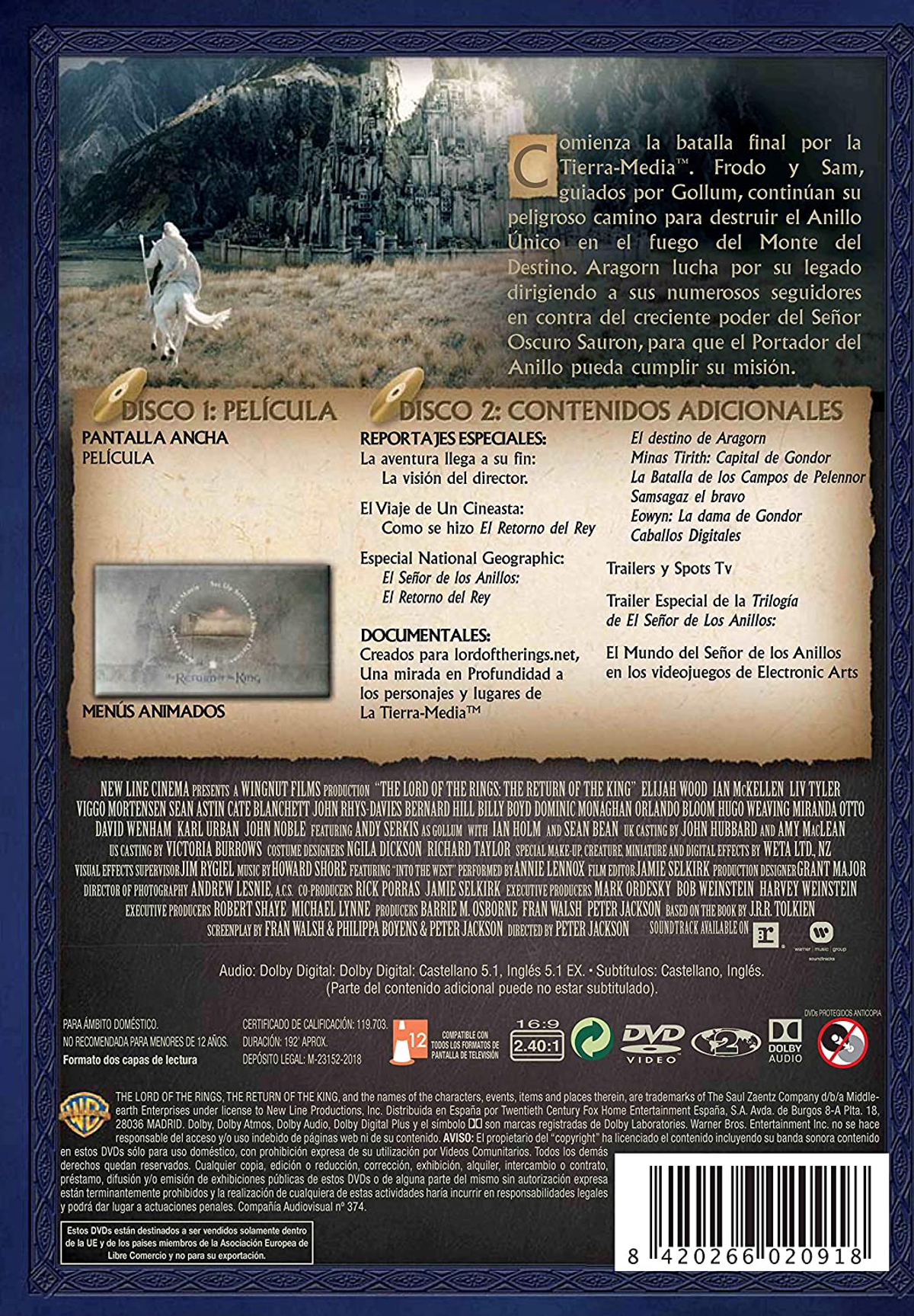 Contraportada de DVD de El Señor de los Anillos: El Retorno del Rey, con texto en español.