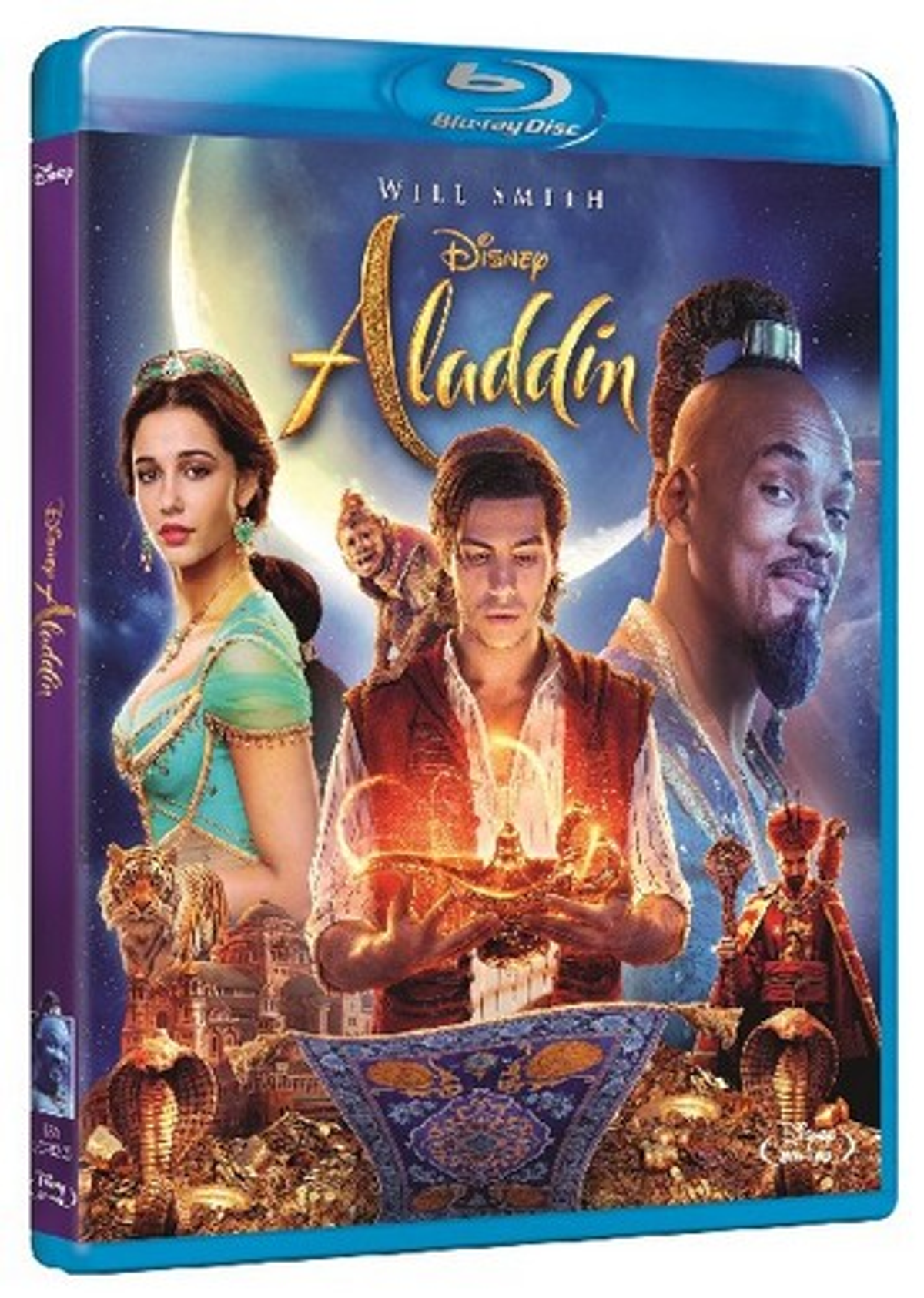 Caja de Blu-ray Disc de la película de Disney Aladdín. La portada presenta a los actores Will Smith y otros.