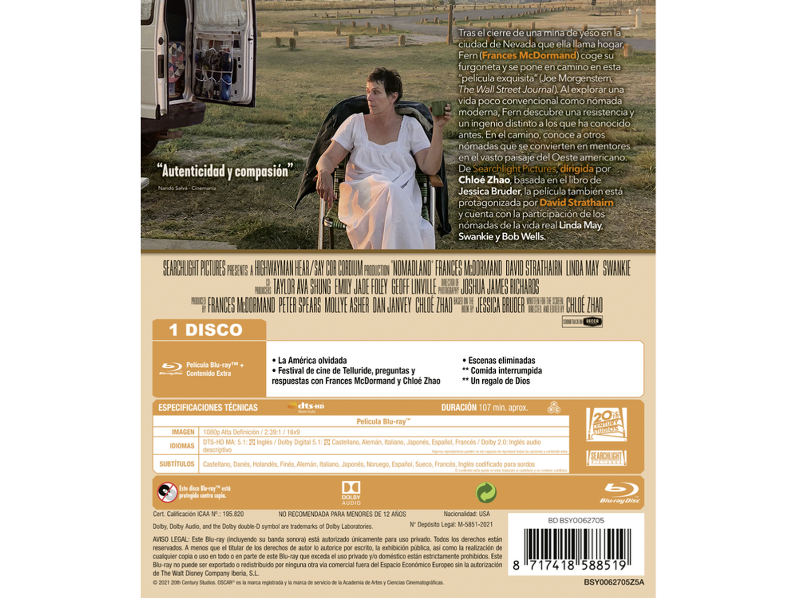 Contraportada de DVD. Mujer con vestido blanco sentada en una silla dentro de una furgoneta. Texto presente.