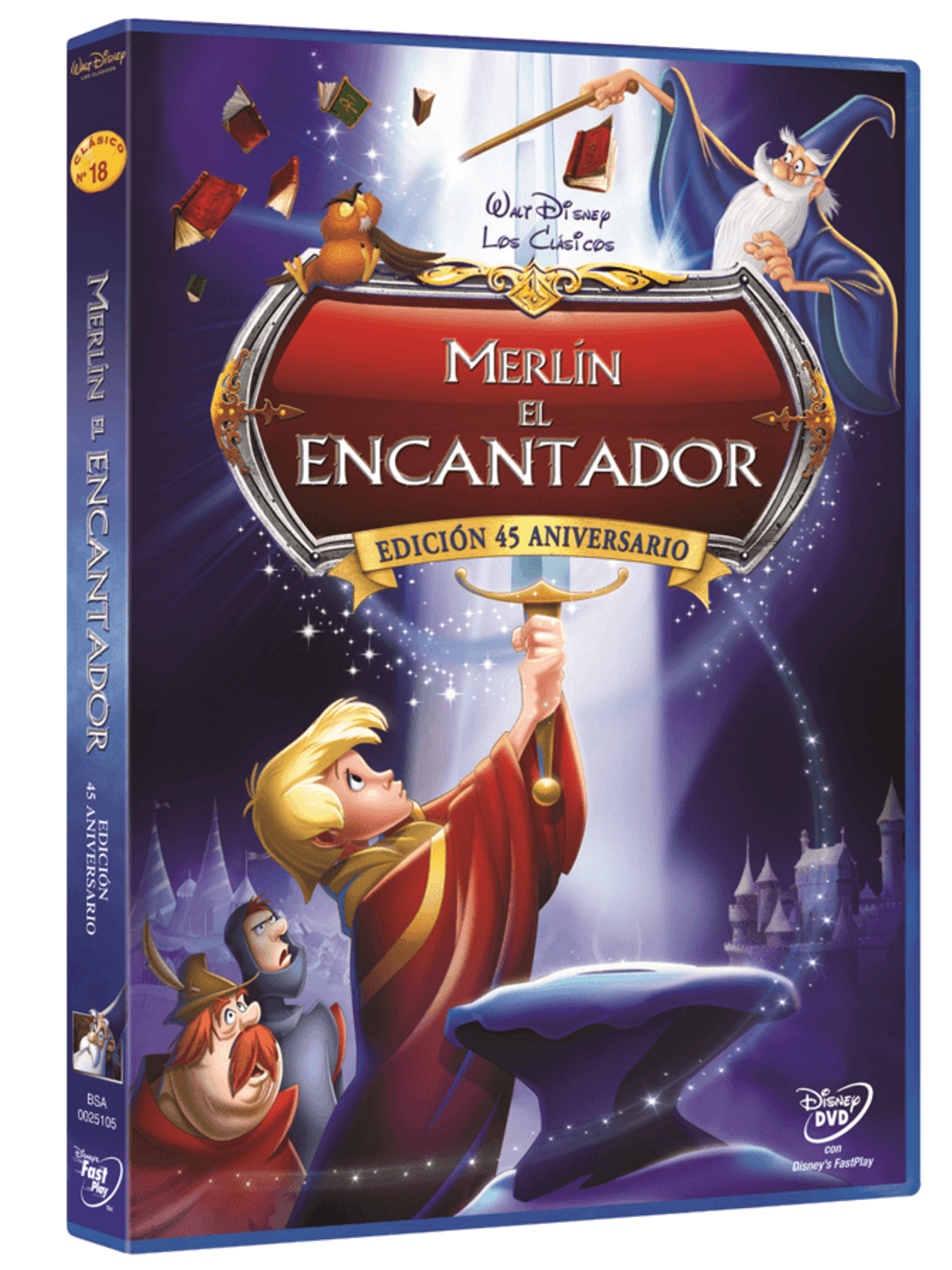 Portada de DVD de la película Merlín el Encantador, con el título y personajes clave.