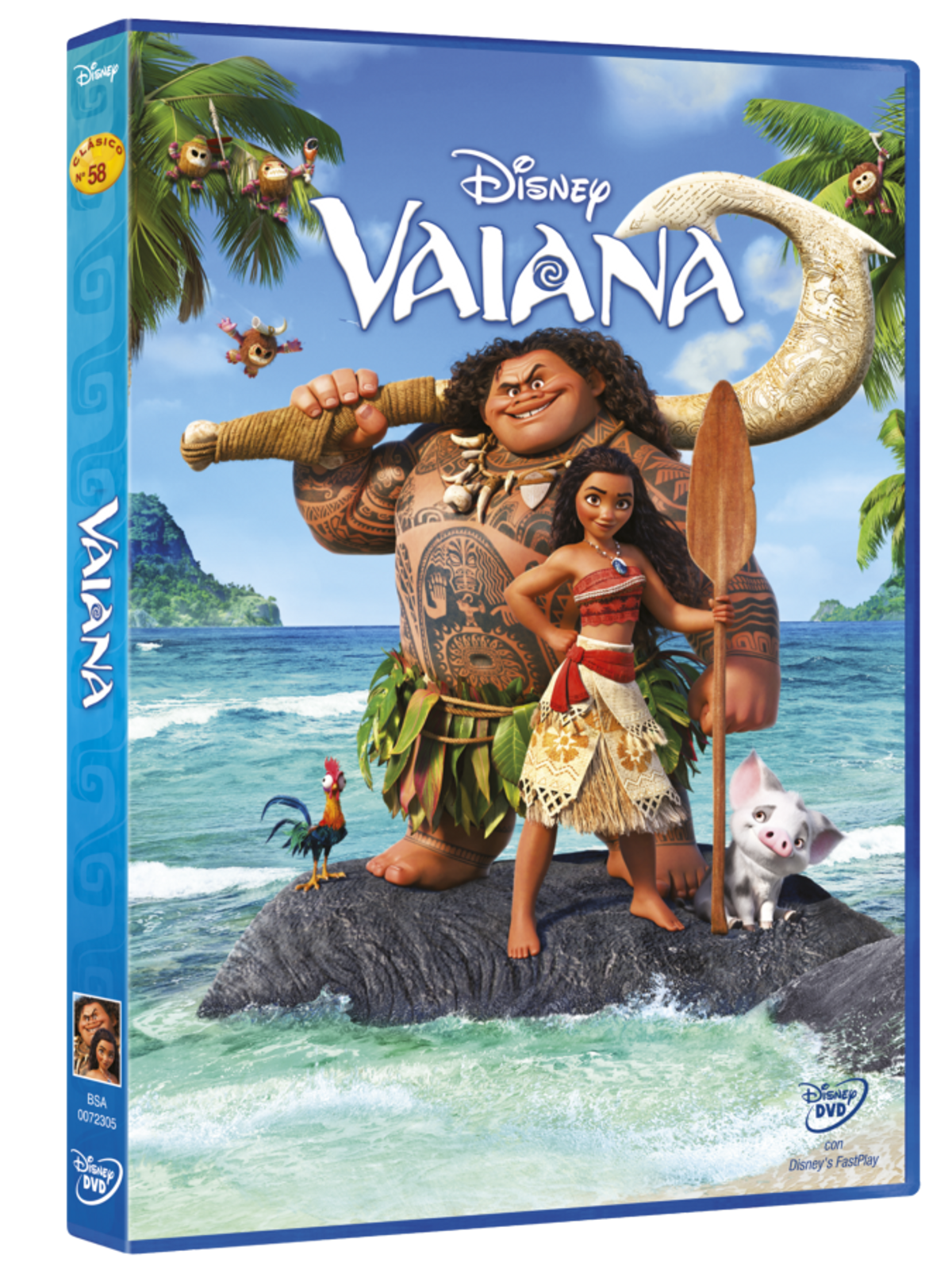 Portada del DVD de Moana. Los personajes Moana y Maui en la playa. Entorno tropical.