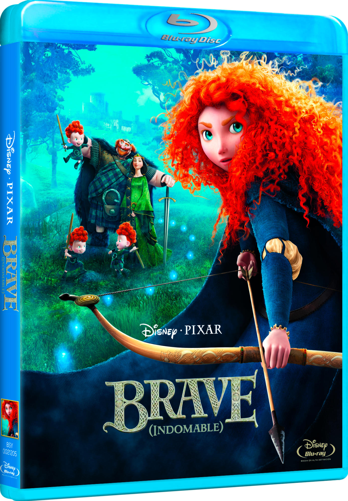 Caja Blu-ray de Brave. Merida con arco y flecha, personajes en bosque. Caja y fondo azules.