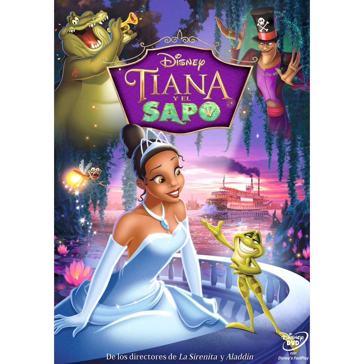 Portada de DVD de Disney La Princesa y el Sapo. Muestra a Tiana, la rana y una escena de fondo.