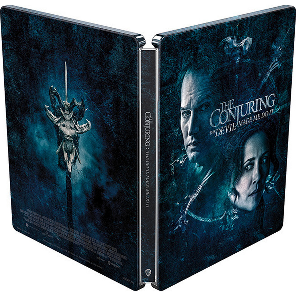 Caja de Blu-ray de The Conjuring: The Devil Made Me Do It. Muestra un diseño oscuro y ominoso.