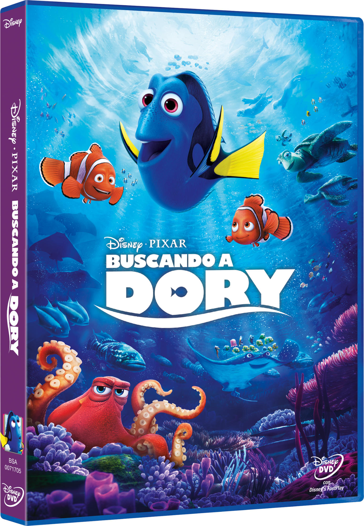 Portada de DVD Buscando a Dory: Dory, Nemo y Marlin nadan bajo el agua.