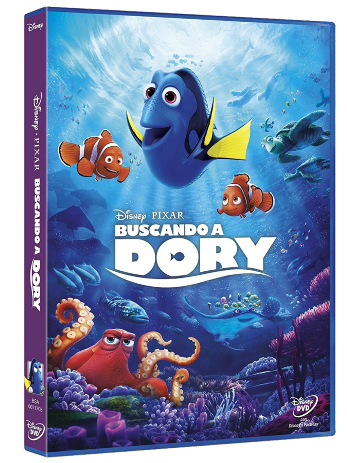 Portada de DVD: Dory y otros peces animados. El título es 'Buscando a Dory'.
