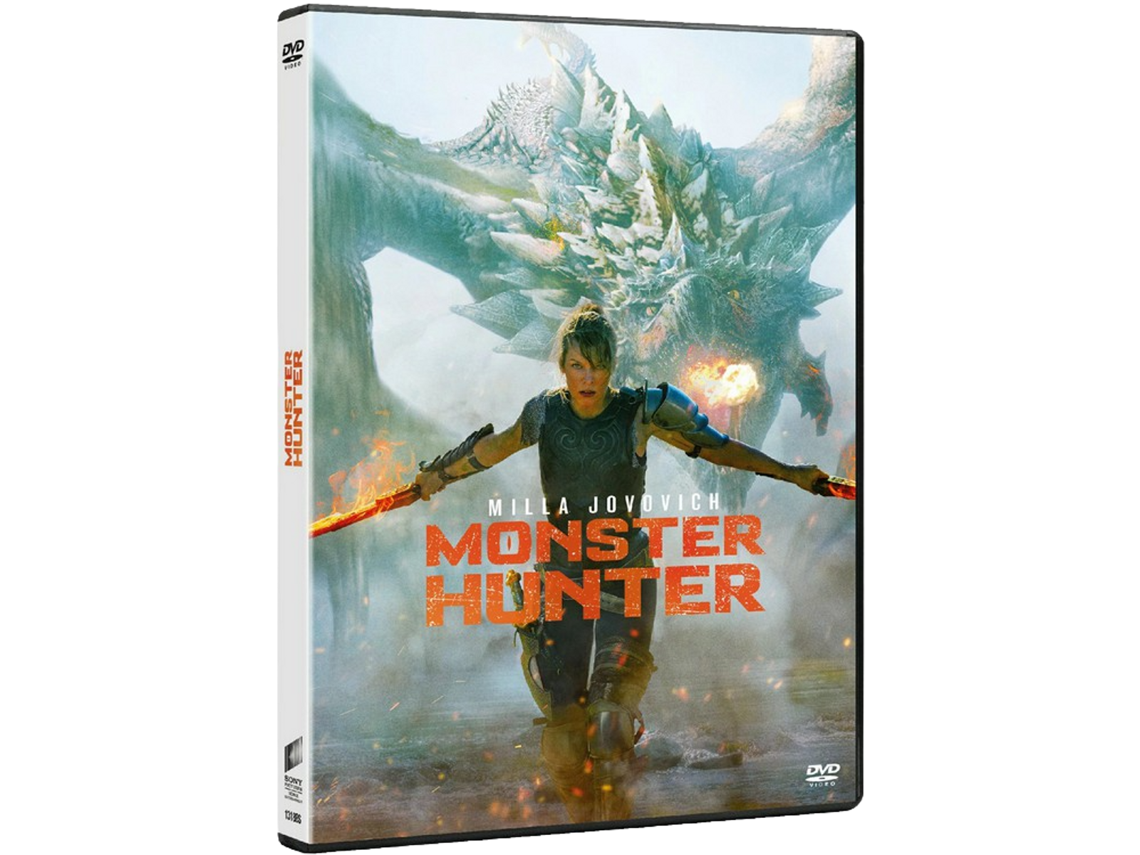 Portada de DVD de 'Monster Hunter', Milla Jovovich sosteniendo espadas en una pose cinematográfica.