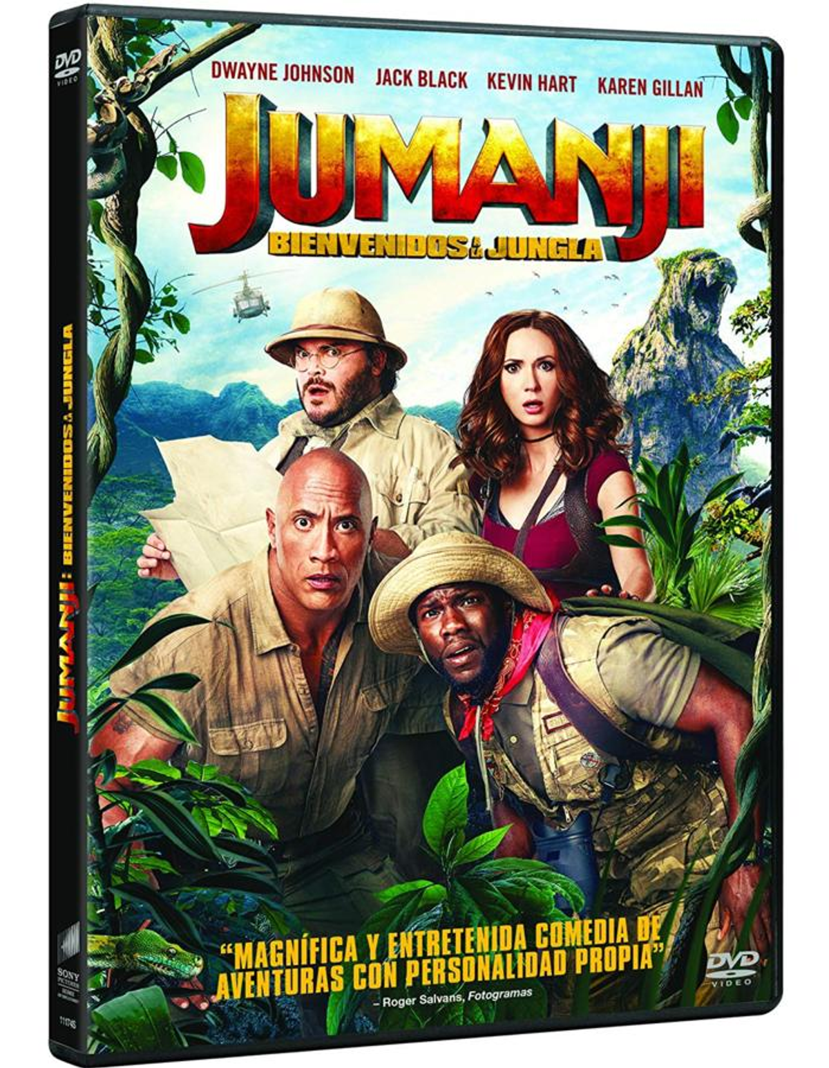 Portada de DVD de Jumanji: Bienvenidos a la Jungla con Dwayne Johnson, Jack Black, etc.