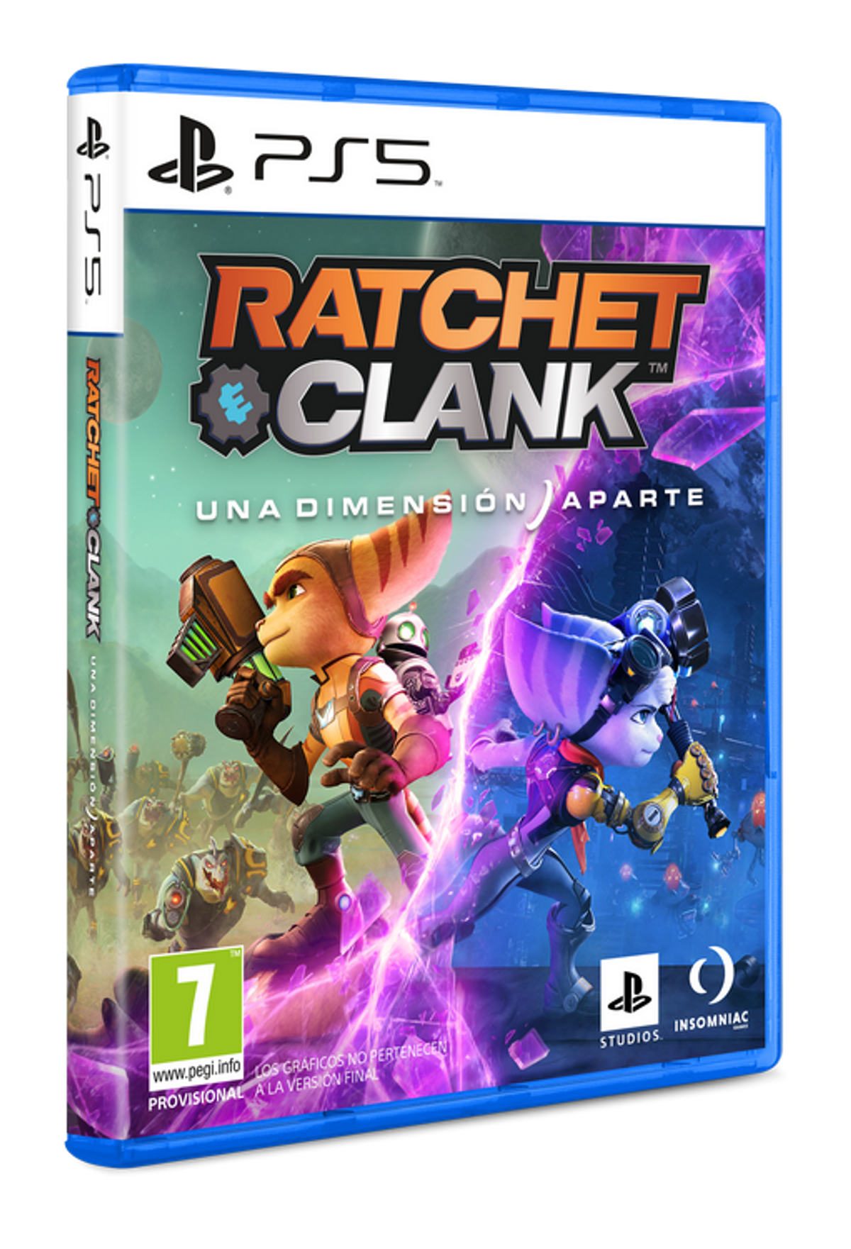 Caja del juego PS5 de Ratchet & Clank. Los personajes de dibujos animados aparecen en la portada con un fondo morado.