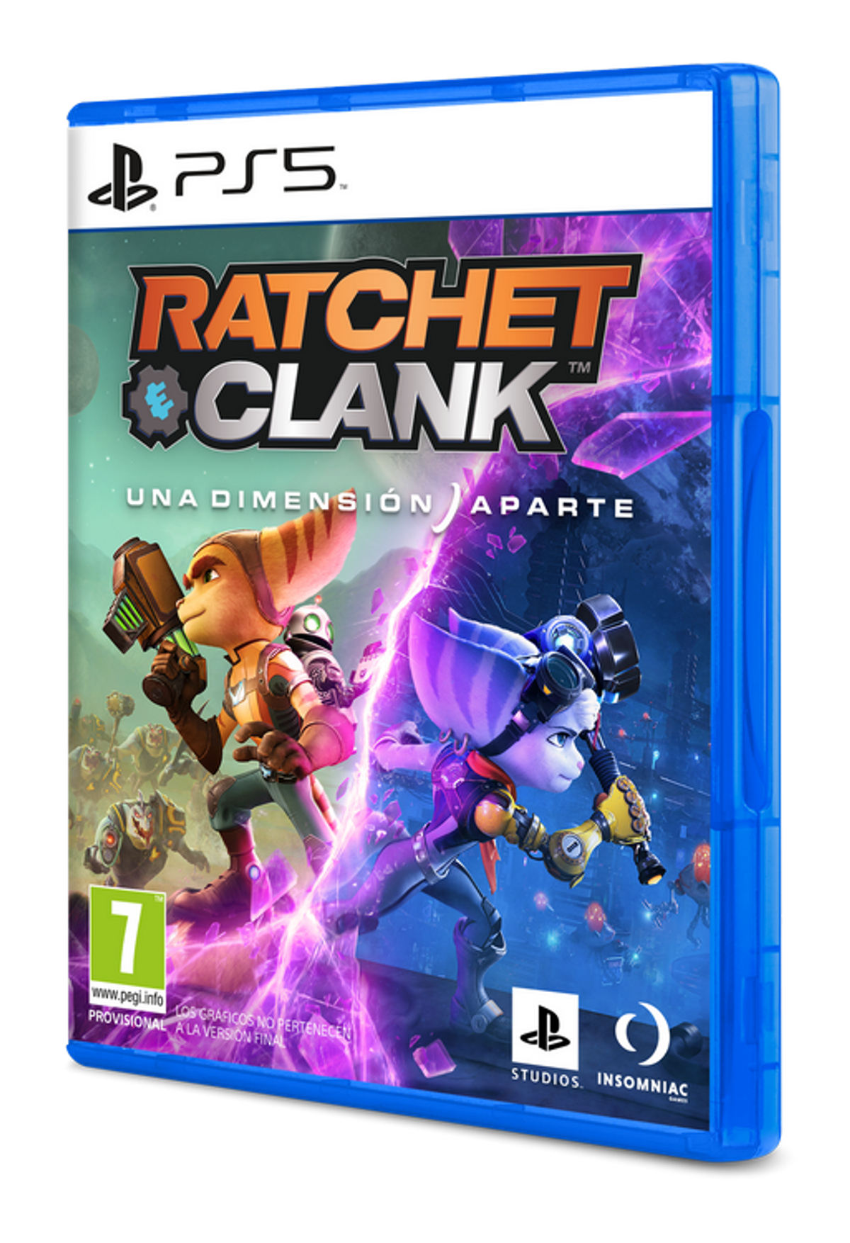 Caja del juego PS5 Ratchet & Clank: Una Dimension Aparte, caja azul, arte del juego.