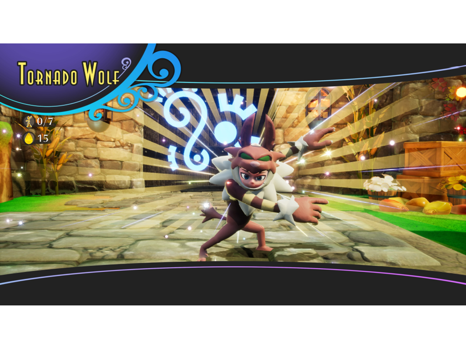 Un personaje del juego, Tornado Wolf, posa sobre una plataforma de piedra con un efecto de luz brillante.