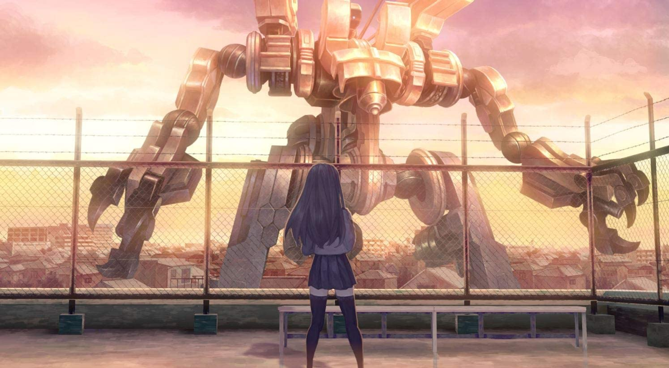 Imagen estilo anime de una chica mirando un robot gigante.