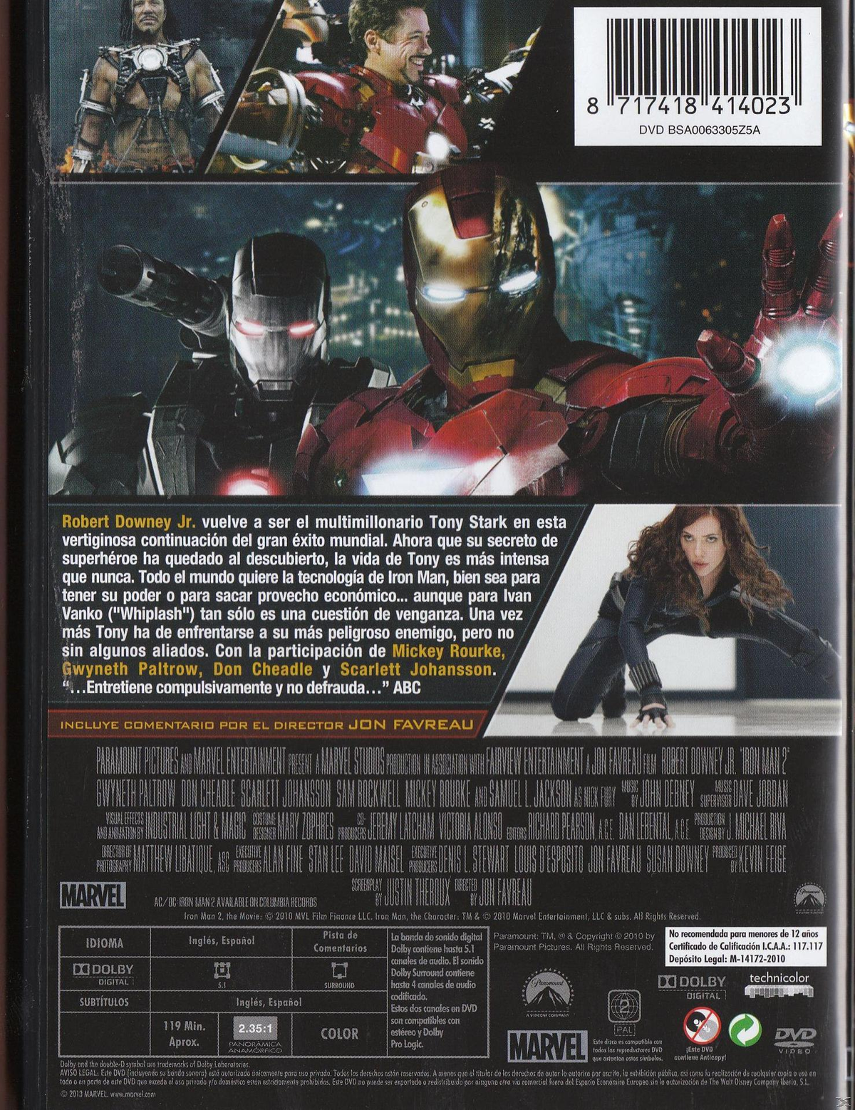 Parte trasera de la caja del DVD de Iron Man 2 con Iron Man, War Machine y Viuda Negra.