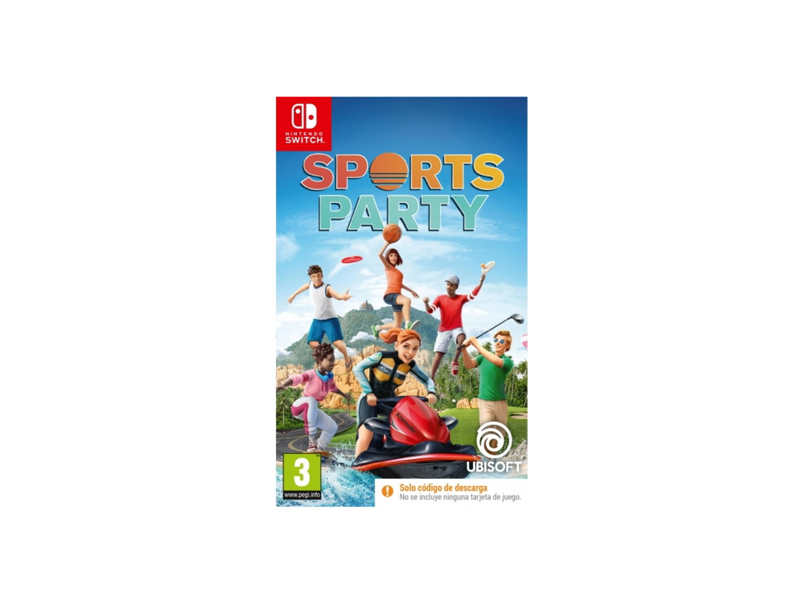 Portada del juego Sports Party. Personajes de dibujos animados jugando varios deportes. Logotipo de Nintendo Switch.