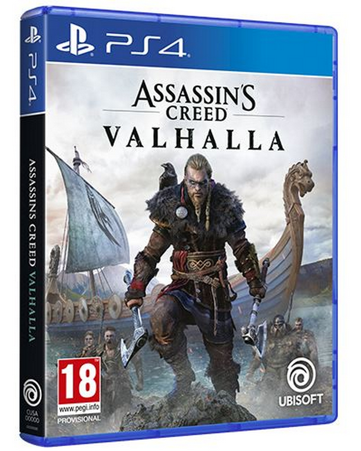 Etui do gry na PS4 dla Assassin's Creed Valhalla, z wojownikiem wikingów z toporami i długim statkiem.