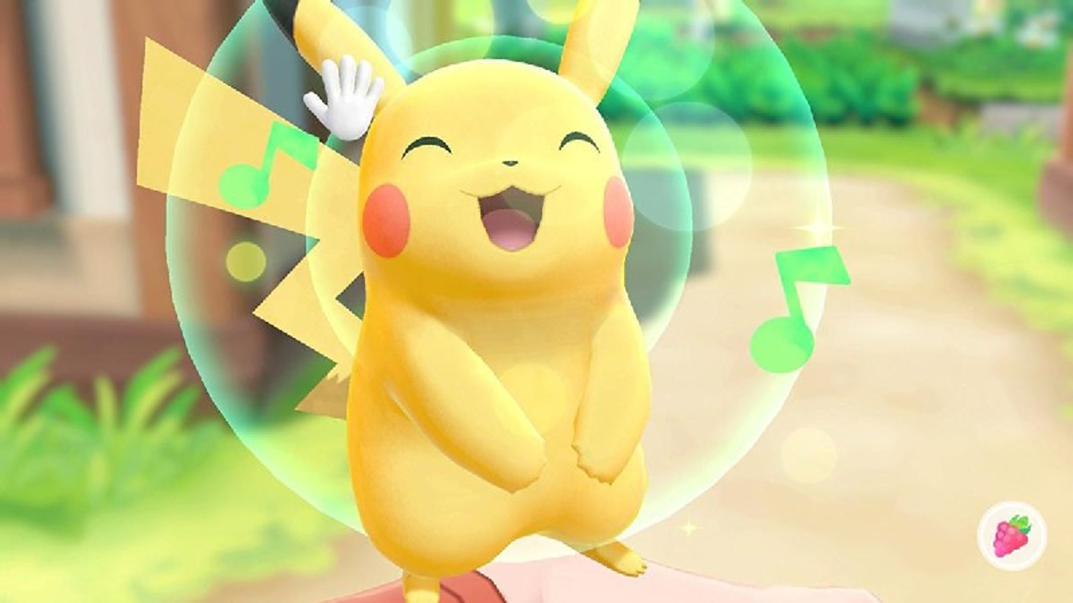 Pikachu uśmiecha się z nutami wokół niego. Jest żółty z czerwonymi policzkami i szczęśliwą twarzą.