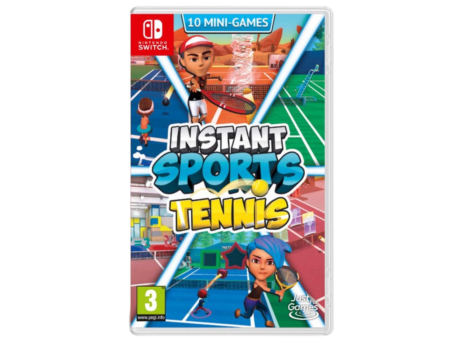 Pudełko gry 'Instant Sports Tennis'. Postacie z kreskówek grają w tenisa na okładce.