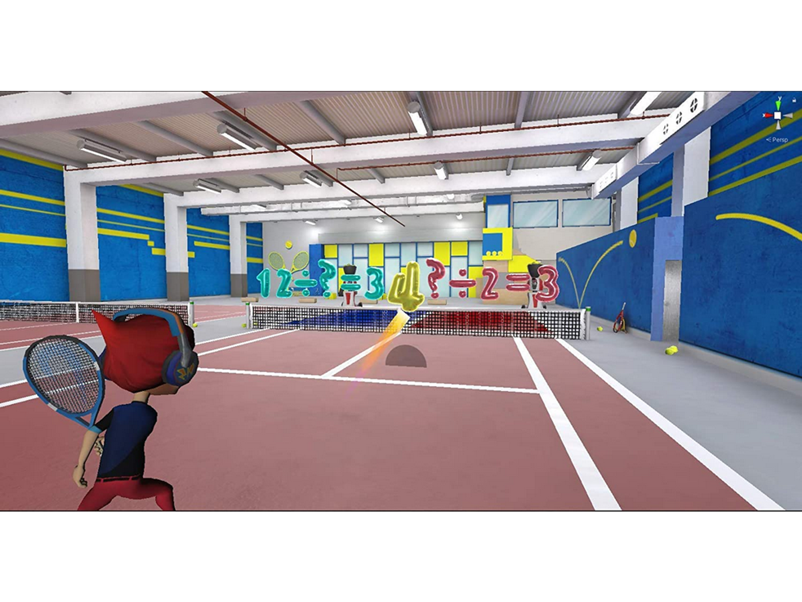 Scena z gry wideo z dzieckiem grającym w tenisa na korcie z numerami i symbolami na ścianie.