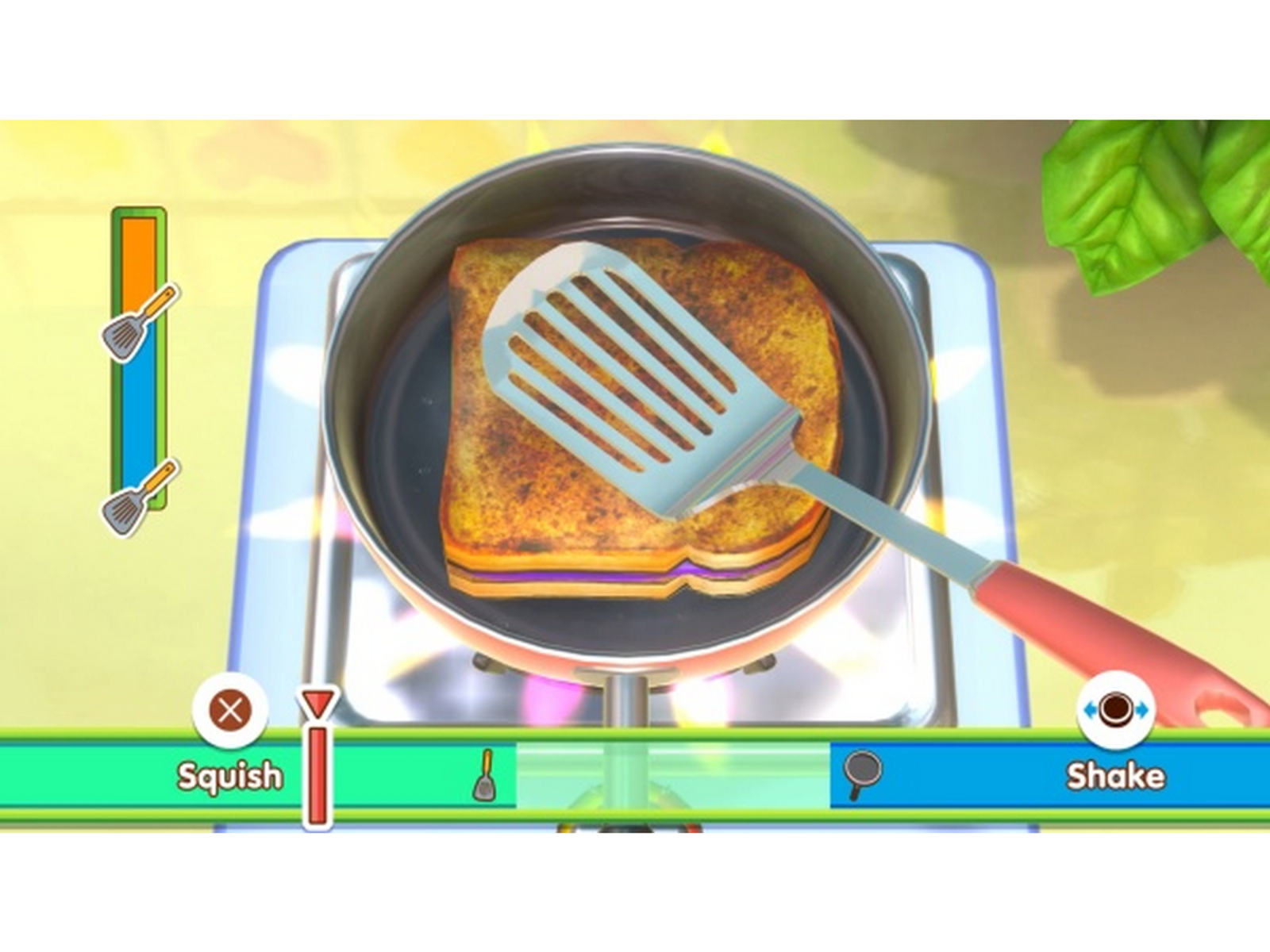 Scena gry w gotowanie kanapek, z łopatką obracającą kanapkę na patelni.