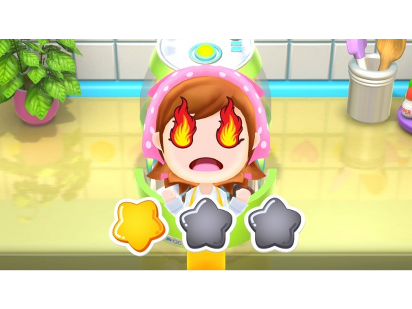 Gra Cooking Mama. Postać z kreskówki ze złymi oczami jest w kuchni.