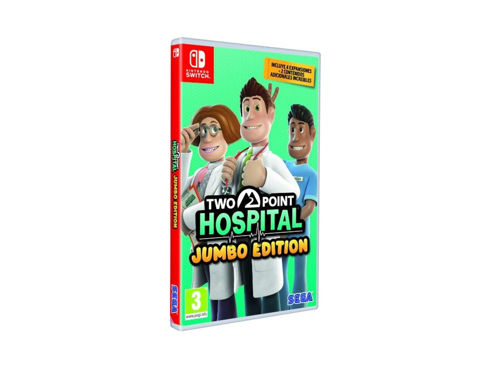 Grafika pudełka gry Two Point Hospital: Jumbo Edition. Na okładce znajdują się trzy postacie z kreskówek.