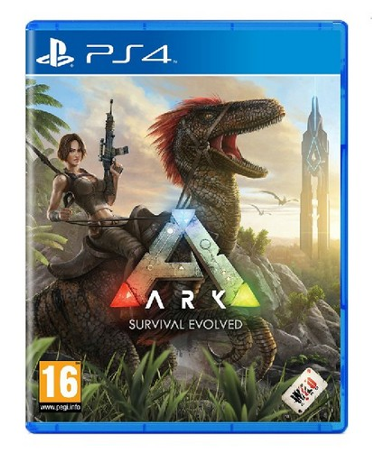 Okładka gry 'ARK: Survival Evolved'. Kobieta na dinozaurze z bronią.
