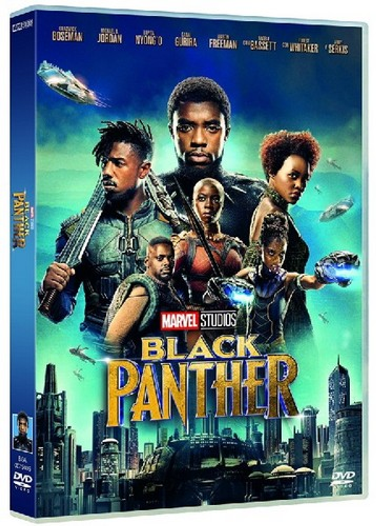 Portada de DVD de Black Panther con elenco. El título está en letras doradas grandes. Fondo muestra un horizonte.