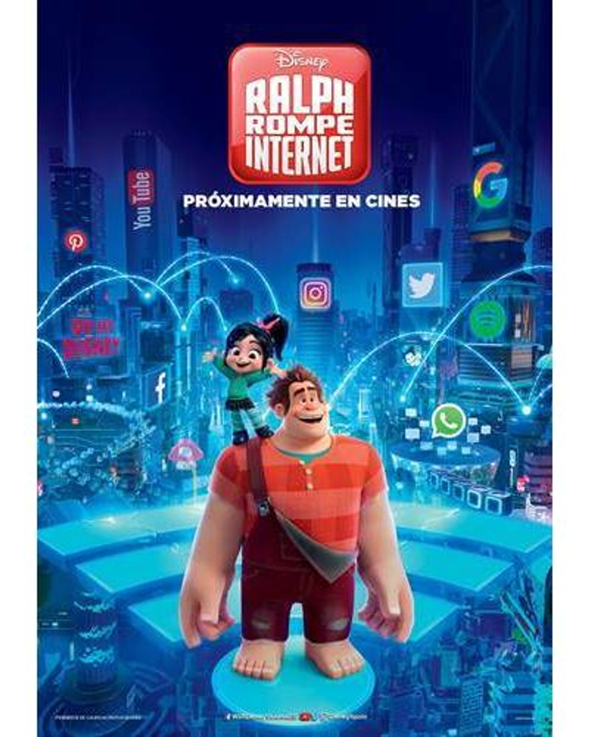 Cartel de 'Ralph Rompe Internet' con Ralph cargando a Vanellope. Fondo de ciudad con logotipos de aplicaciones.