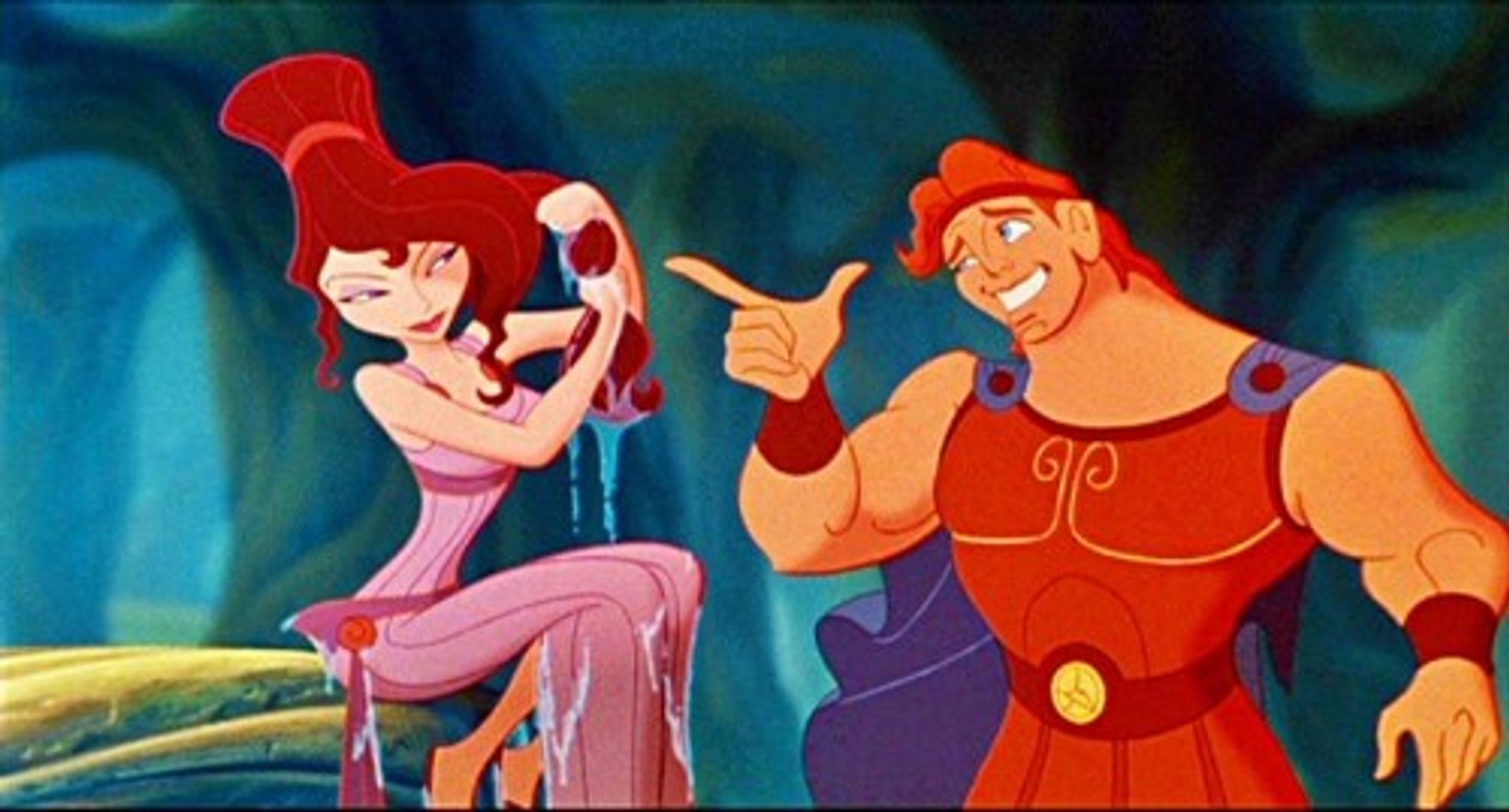 Imagen de dibujos animados de Hércules. Hércules señala a Megara, que está en un área llena de agua.