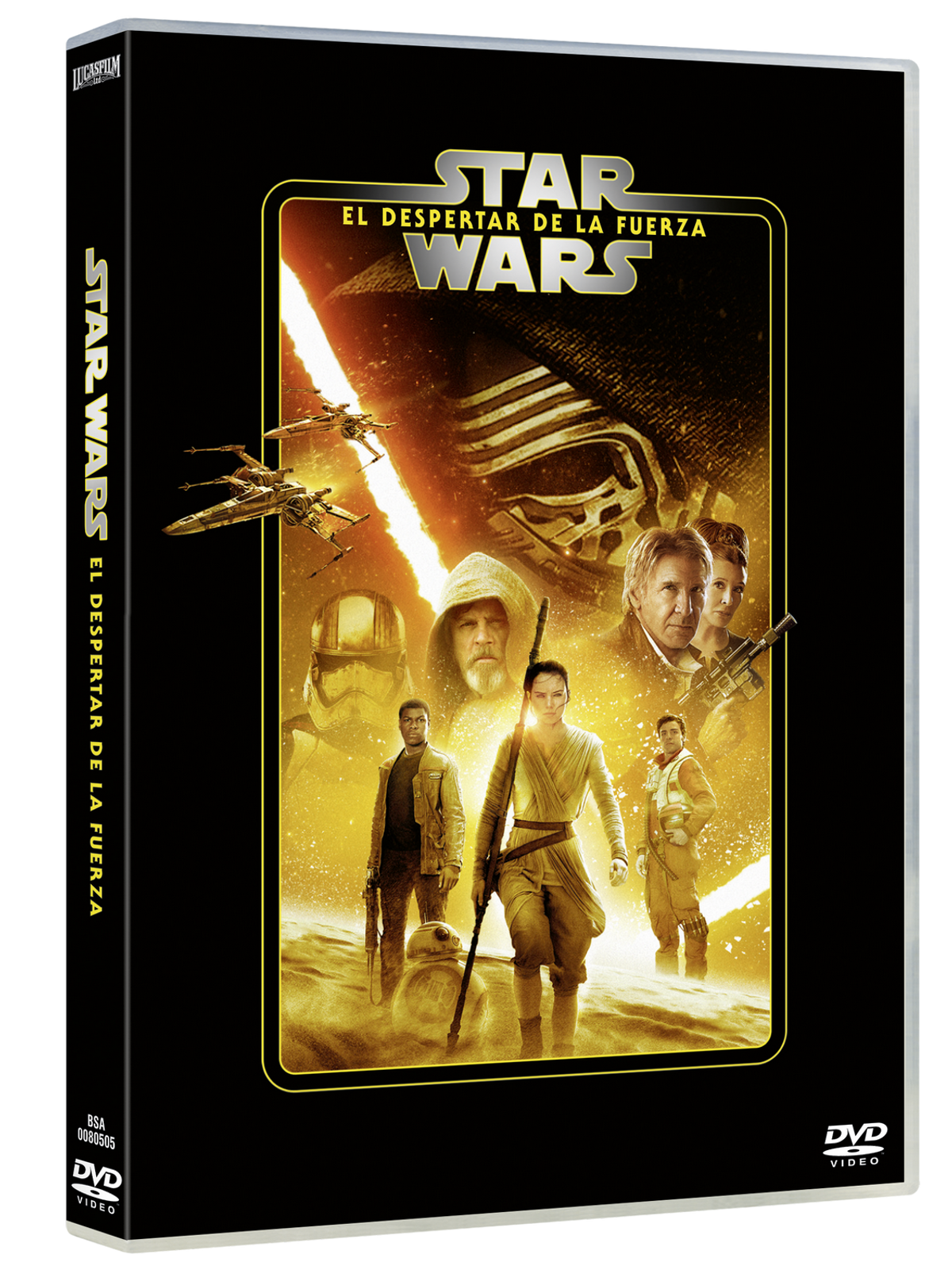 Funda de DVD: Grupo de personas en primer plano, con fuego detrás. Título: Star Wars.