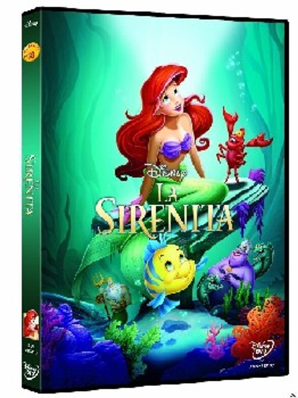 Portada de DVD La Sirenita con Ariel, Flounder, Sebastián y Úrsula.