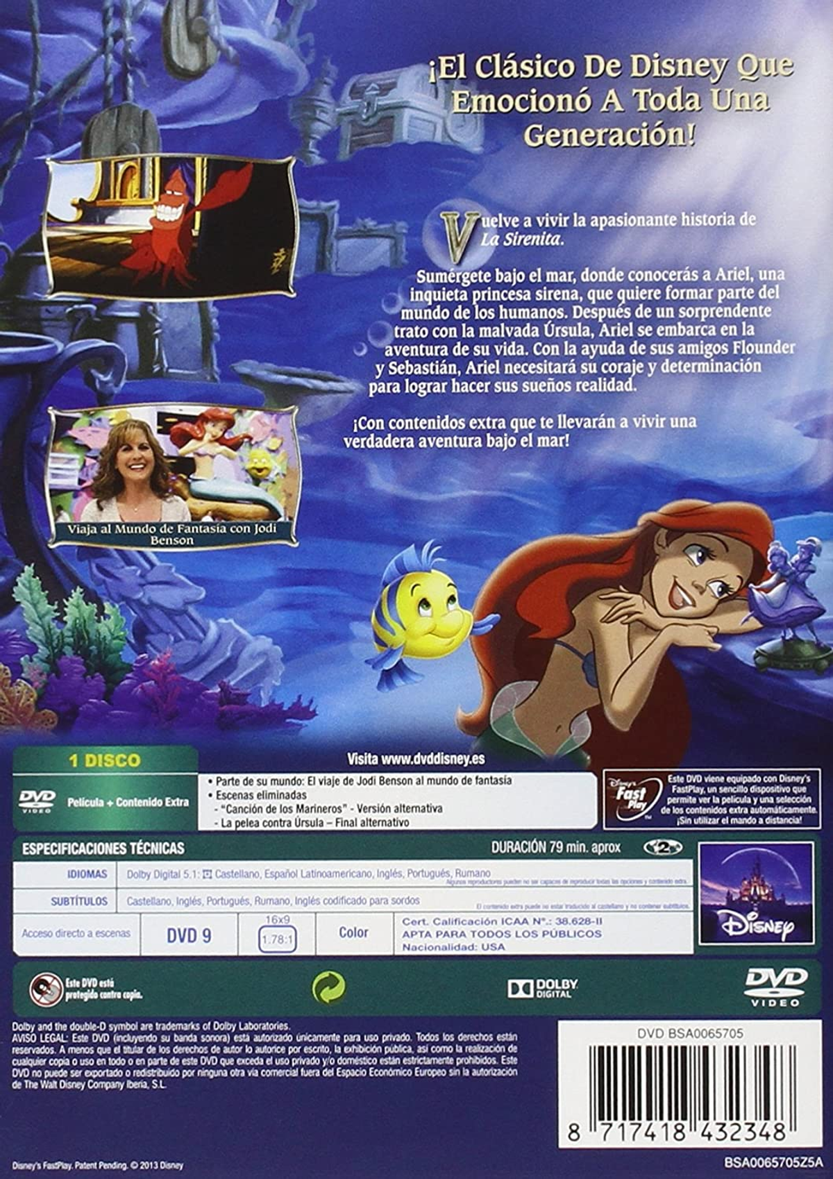 Caja de DVD de La Sirenita, con Ariel y Flounder. Texto en español. Disney clásico.