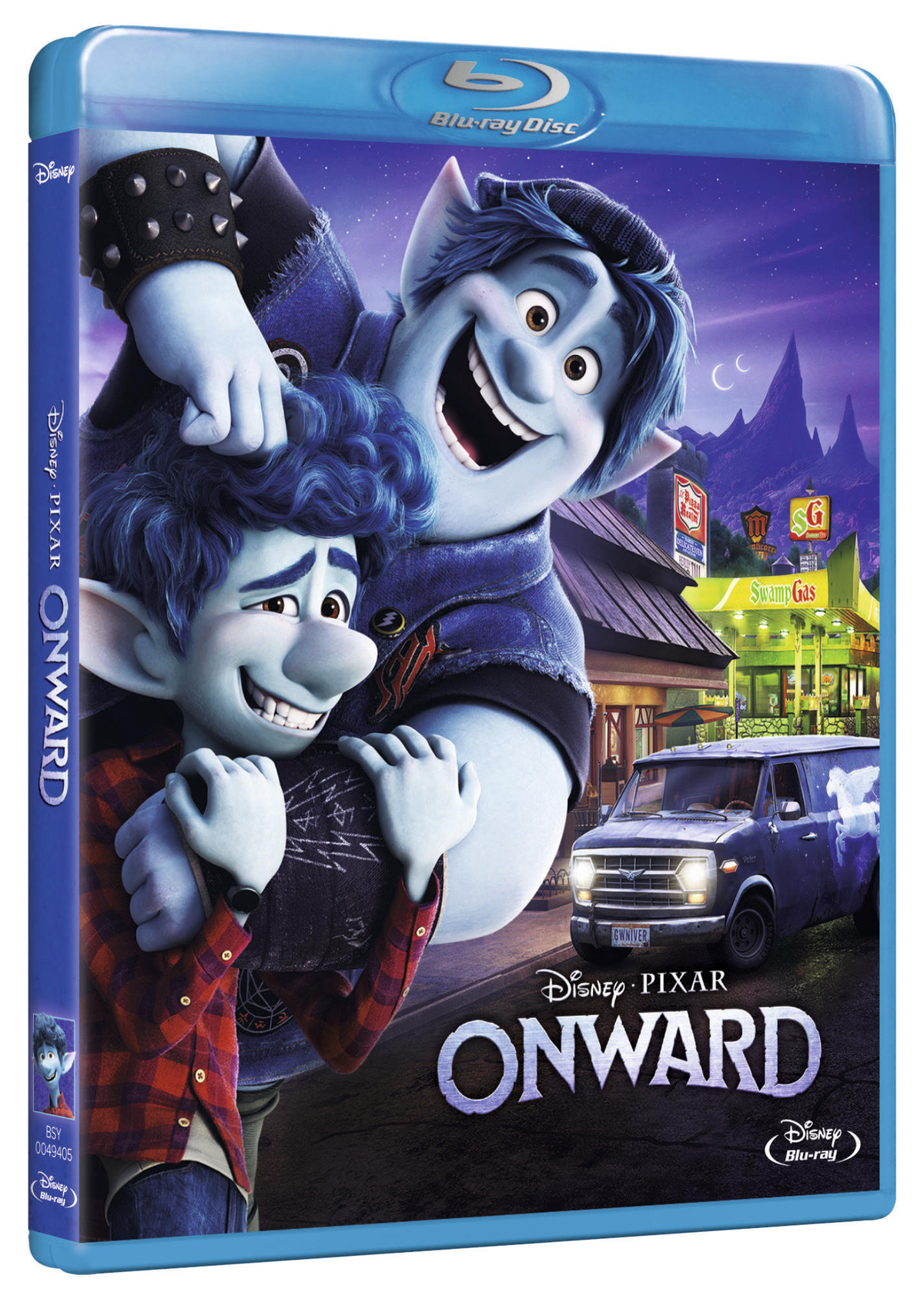 Portada del disco Blu-ray de Onward con dos elfos azules y una furgoneta, fondo de montaña.