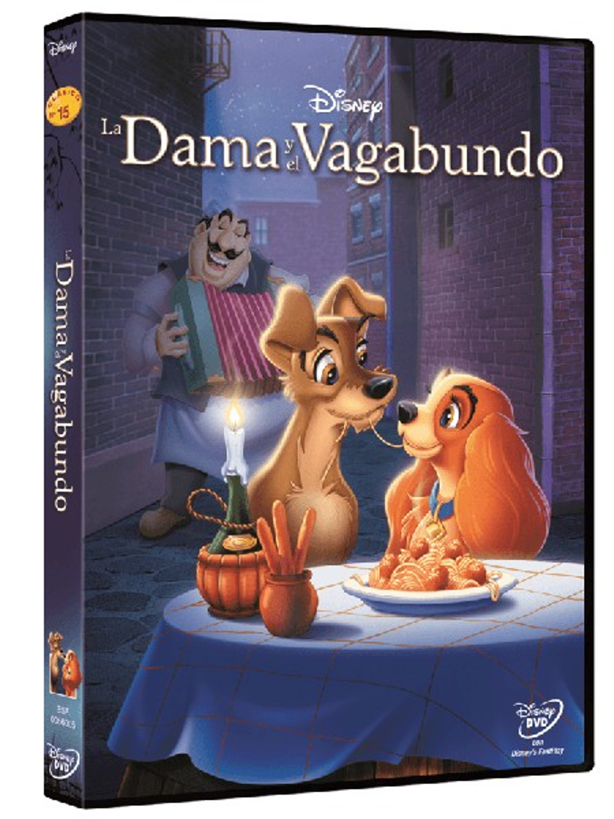 Portada de DVD de La Dama y el Vagabundo. Lady, Golfo y el chef en un restaurante. Escena romántica.