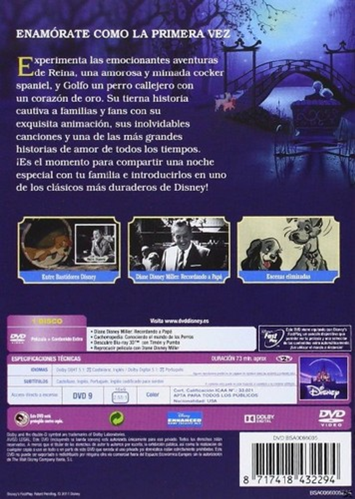 Parte trasera de la caja de DVD de La Dama y el Vagabundo, en español. Contiene imágenes de las escenas de la película.