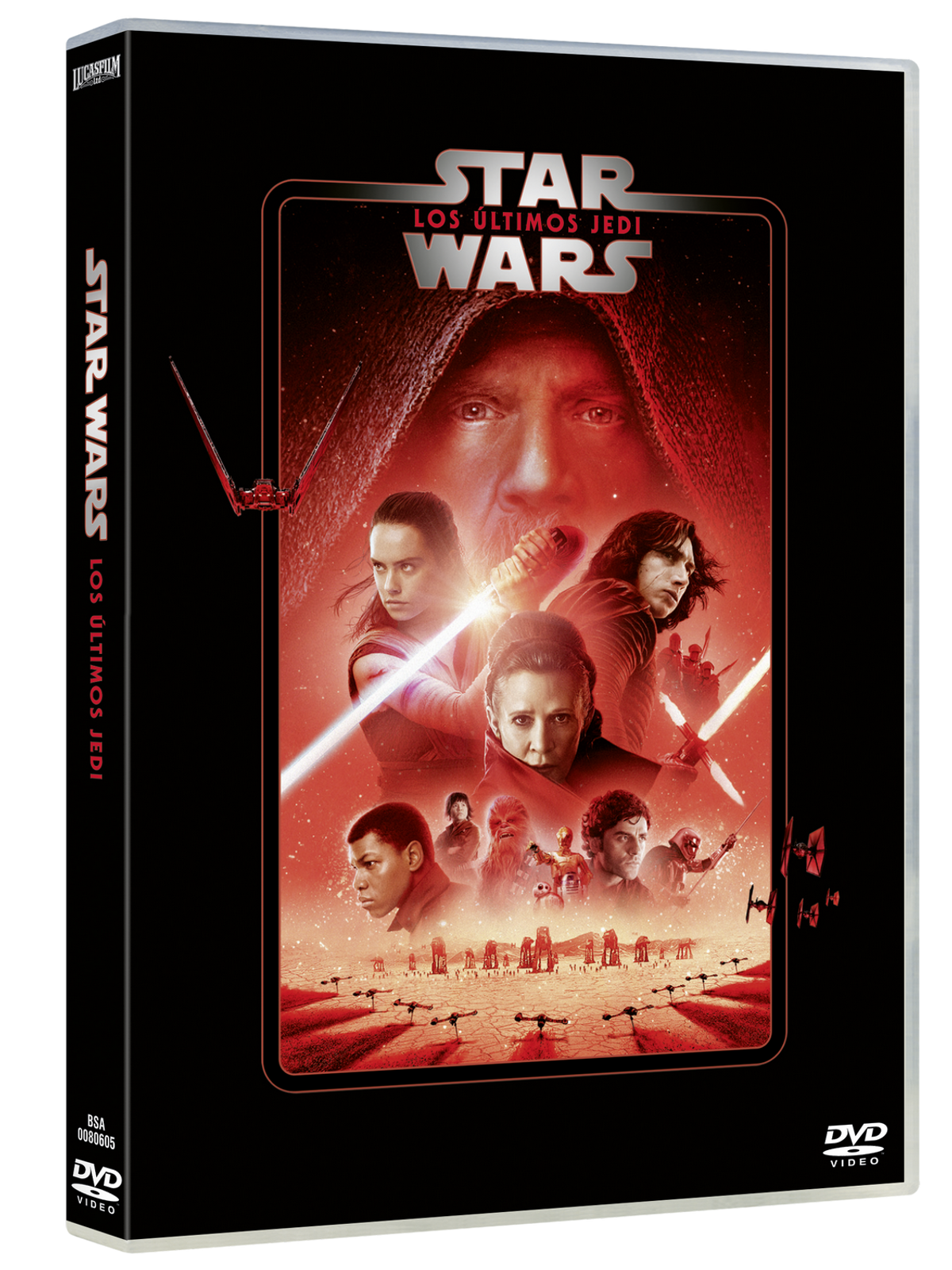 Portada de DVD de 'Star Wars: Los Últimos Jedi'. Presenta personajes y una escena de batalla espacial.