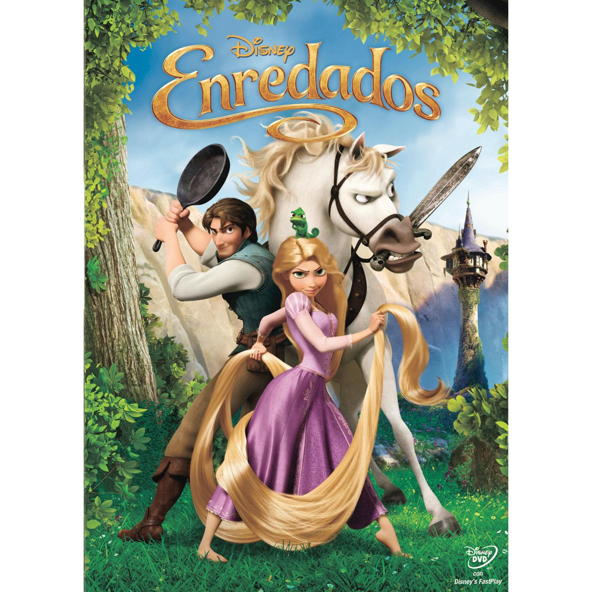 Cartel de la película: Enredados. Hombre con sartén y mujer con pelo largo, caballo y castillo.
