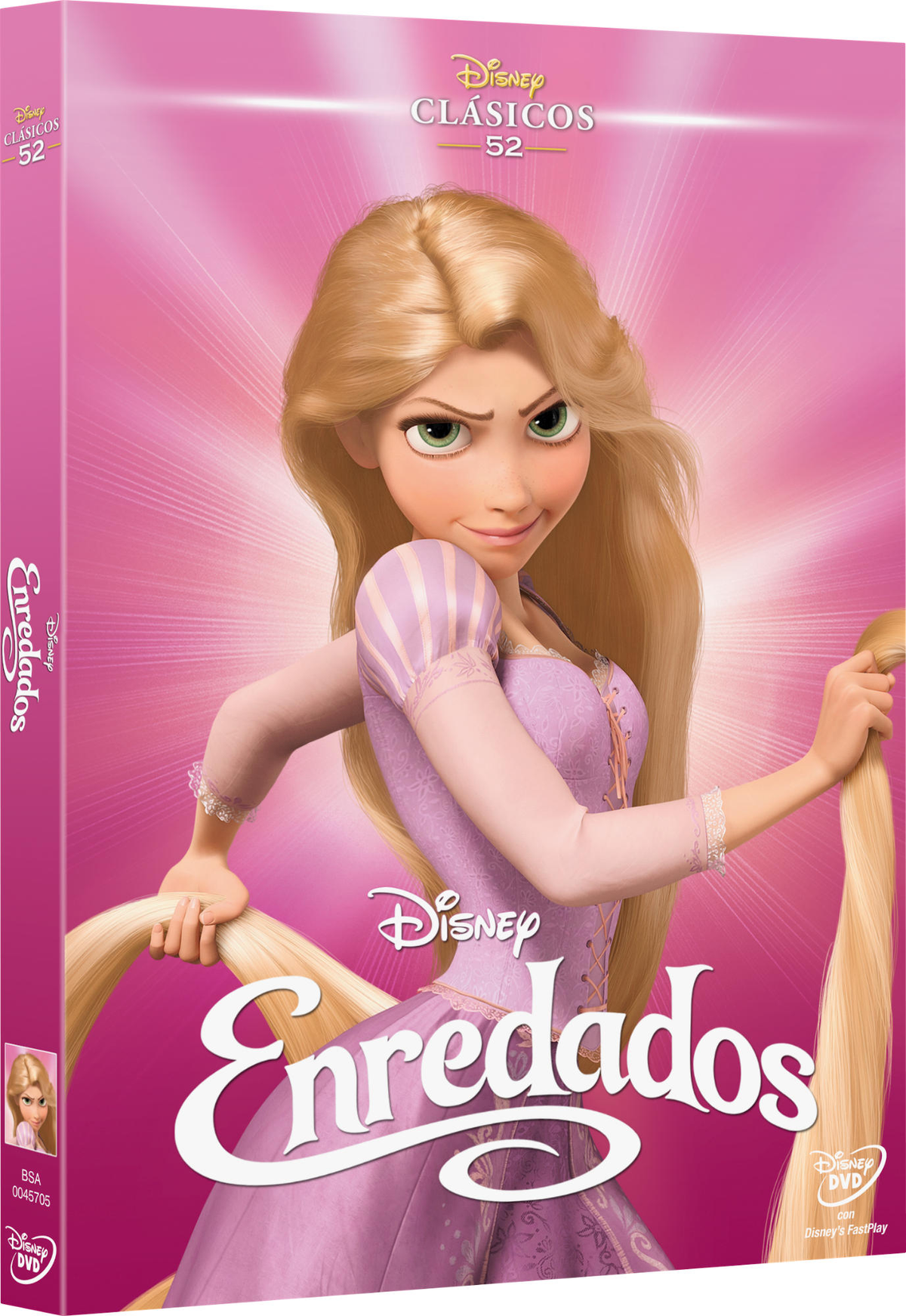Caja de DVD de 'Enredados'. Presenta a Rapunzel en la portada con cabello largo dorado y un fondo rosa.