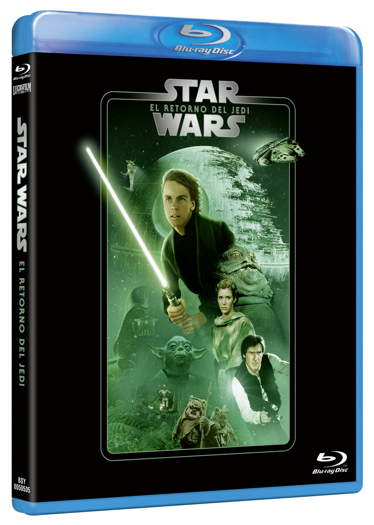 Star Wars: El Retorno del Jedi, portada Blu-ray. Luke Skywalker con sable láser. Fondo verde.