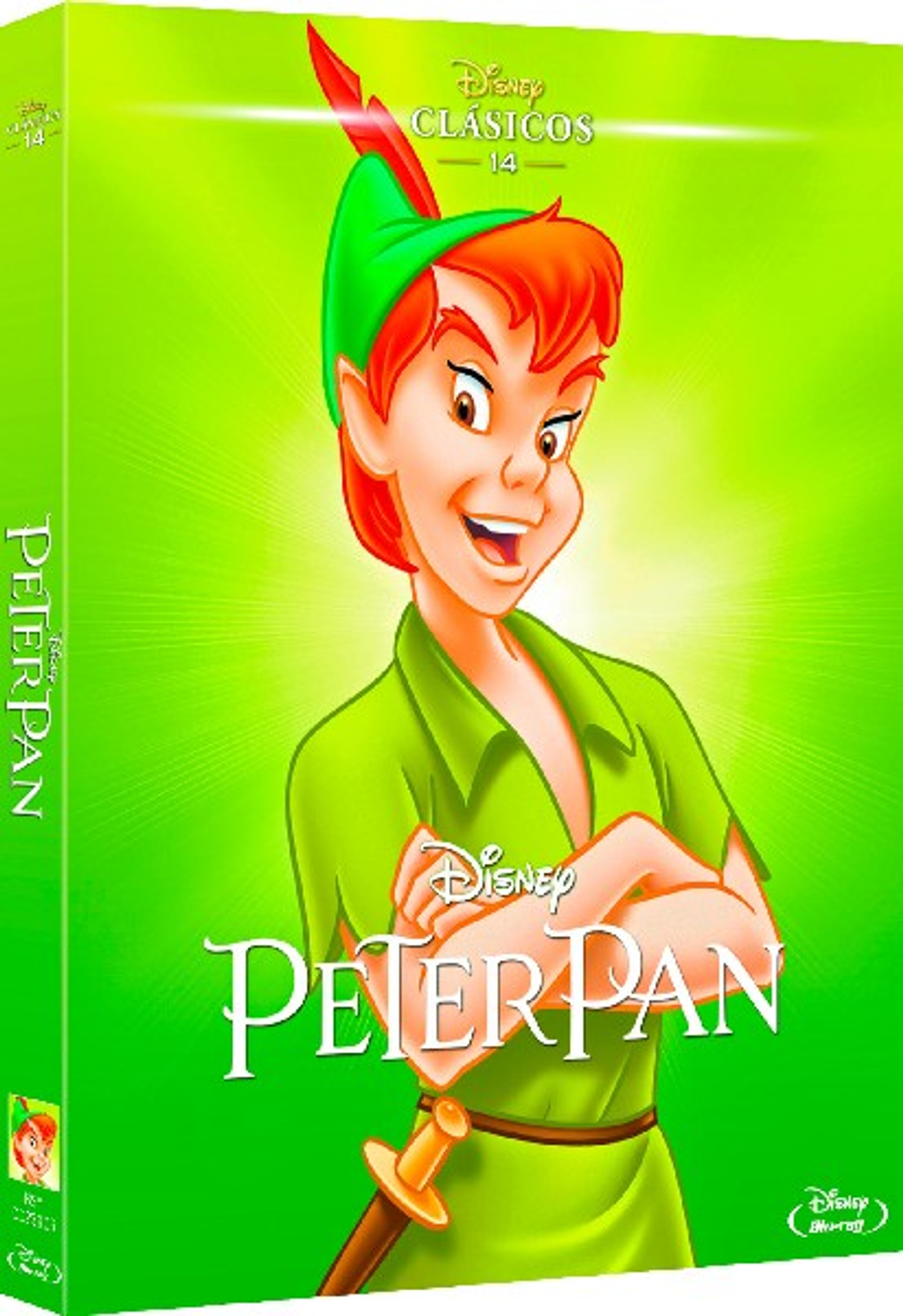 Portada de DVD de Peter Pan. Peter Pan con sombrero y traje verdes, sosteniendo una espada, sonriendo, fondo verde, logo Disney.