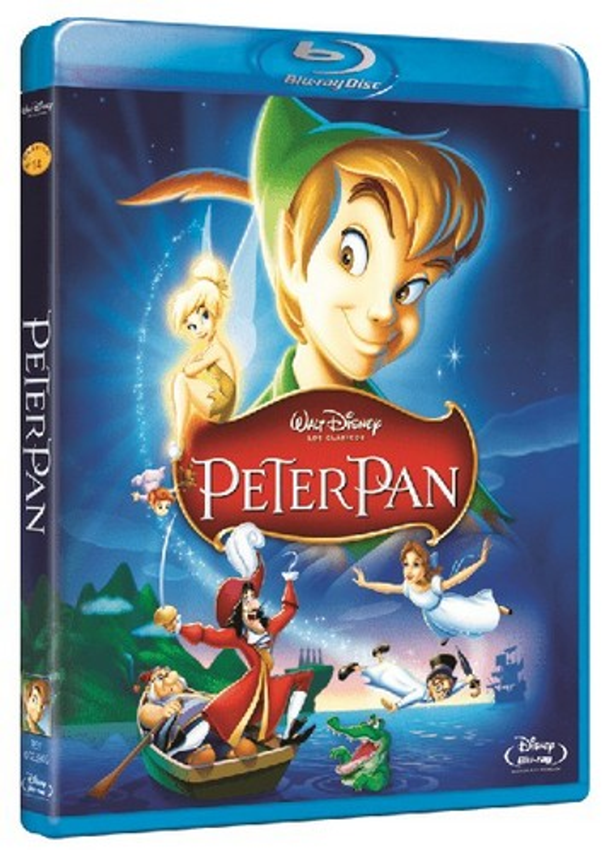 La portada de Peter Pan Blu-ray muestra a Peter Pan, el Capitán Garfio, Campanilla y otros personajes de la película.