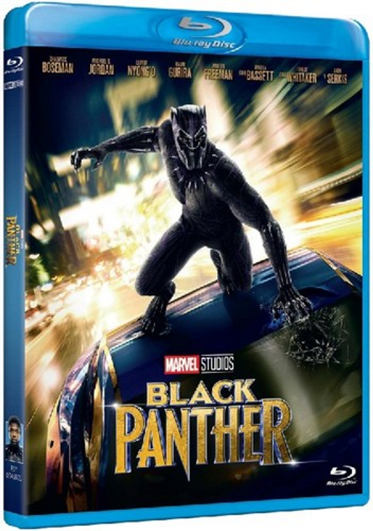 Portada de Blu-ray de Black Panther. El héroe en traje está de pie sobre un automóvil, con el título de la película debajo, fondo azul.