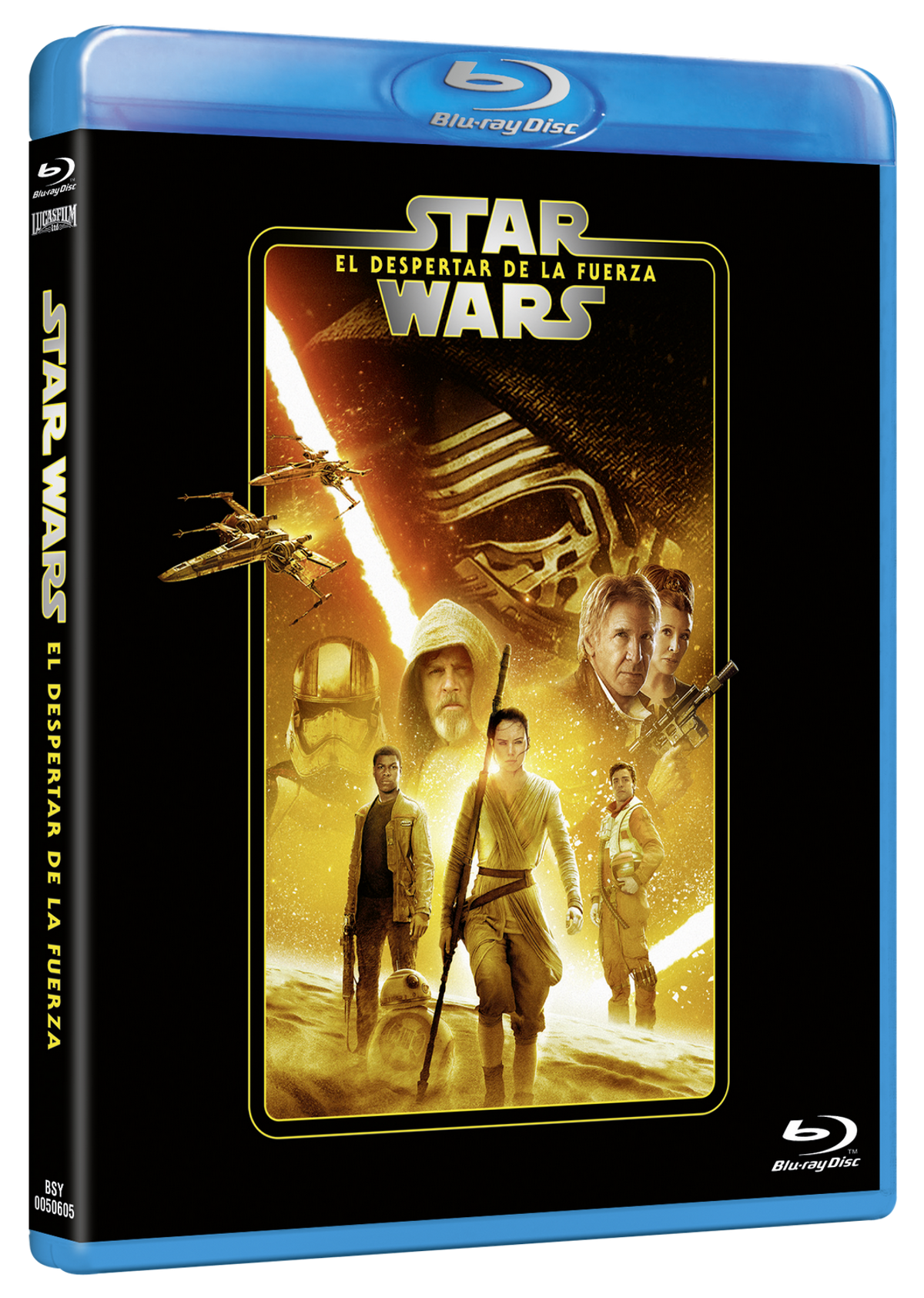 Portada Blu-ray de Star Wars en español. Personajes de la película sobre fondo rojo.