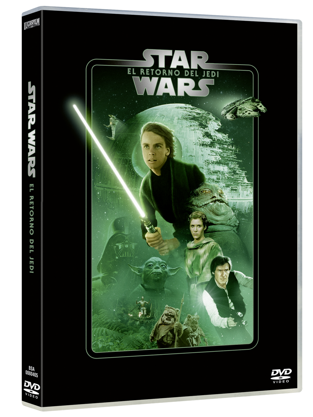 Funda de DVD: Grupo de personas con un sable de luz verde. Título: Star Wars: El retorno del Jedi.
