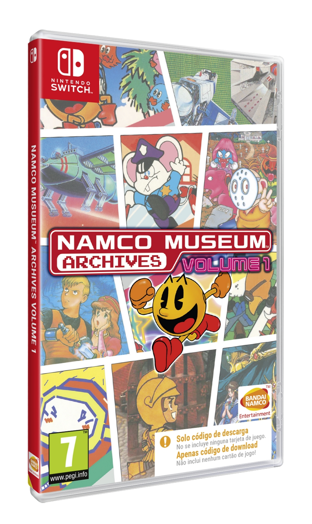 Caja del juego Namco Museum Archives Volume 1. Se muestran varios personajes y escenas del juego.