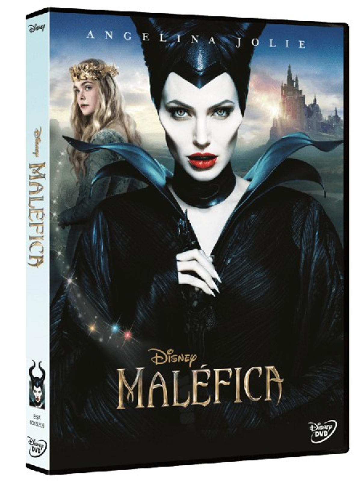 Caja de DVD de 'Maléfica' con Angelina Jolie. La portada muestra a Jolie y a otra mujer.