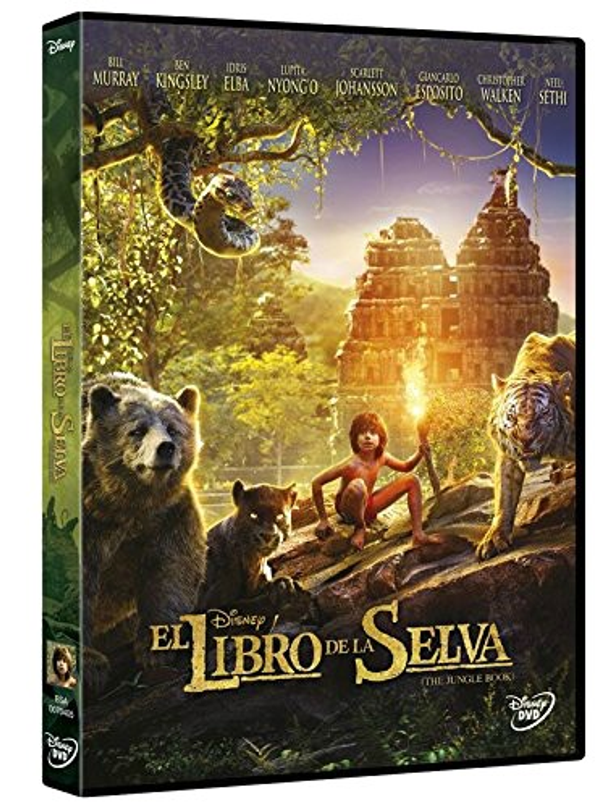 Portada de DVD de la película 'El libro de la selva'. Presenta a Mowgli, animales, fondo de bosque y nombres de actores.