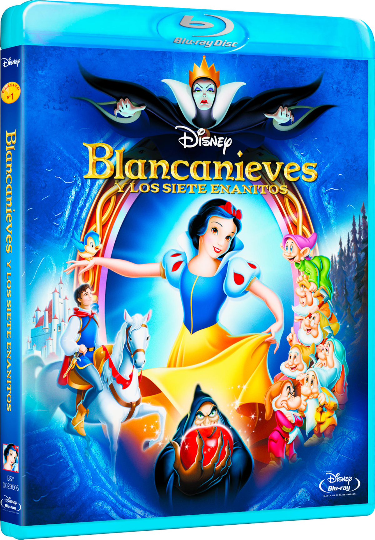 Portada de la película Blancanieves. Blancanieves en el centro, rodeada de personajes y la malvada reina.
